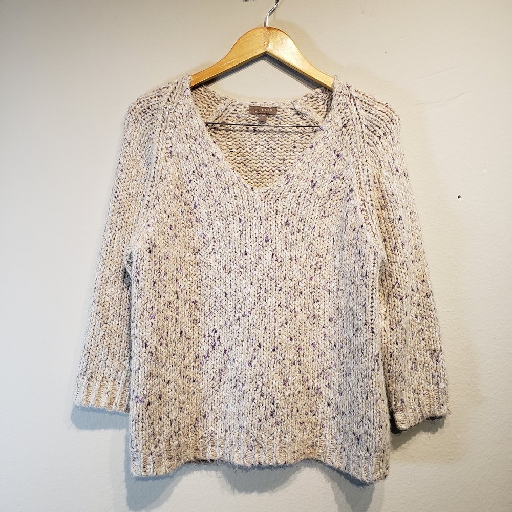 Vintage Alpaca Blend Sweater Sz S fluffy V-Neck Beige Tan purple 3/4 sleeves